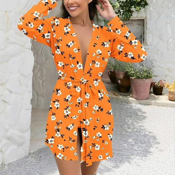 Caywon Winter Nightgown Plus Size Printed Home Wear Tie-Waist Robe Women's Casual Outerwear-Friendly Pajamas Comfortable Morning Robe with Prints