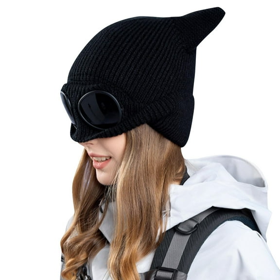 Caywon Winter Windproof Goggle Hat Fleece Lined Warm Knitted Wool Hat Outdoor Ski Ear Protection Pullover Hat Integrated Goggle Design