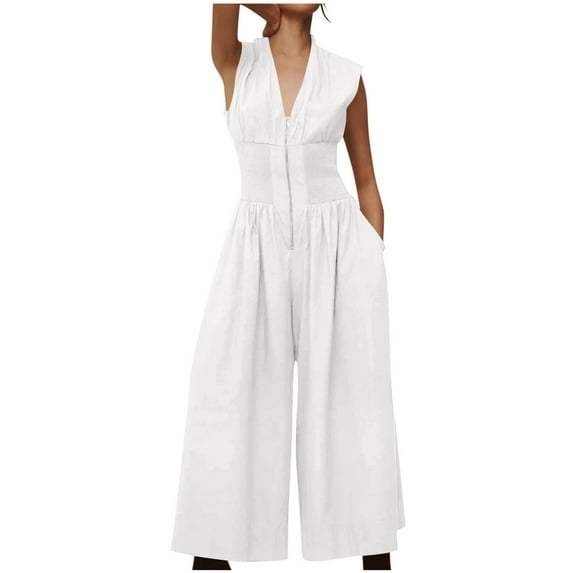 Caywon Woman Solid Color V Neck Sleeveless Front Zipper Pocket Detail Elastic Waist Wide Leg Pants Jumpsuits Comfortable One Piece Outfit Lightweight Fabric Casual Style White XL