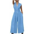 thumbnail image 1 of Caywon Woman Solid Color V Neck Sleeveless Front Zipper Pocket Detail Elastic Waist Wide Leg Pants Jumpsuits Comfortable One Piece Outfit Lightweight Fabric Casual Style Light Blue L, 1 of 8