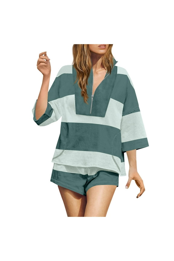 Caywon Women 2 Piece Striped Matching Set Workout Top and Shorts Summer Coordinates Quickly Dry Fabric Comfortable Athletic Wear Outfit Green XXL