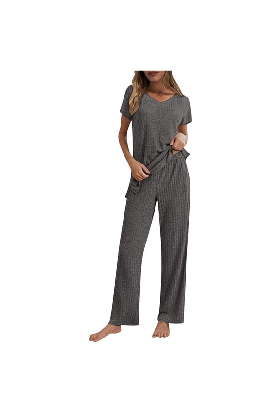 Caywon Women Fashion Casual V Neck Knit Sleeve Top and Straight Leg Pants Set Loose Coordinates Comfortable Daywear Relaxed Outfit Matching Separates Dark Gray M