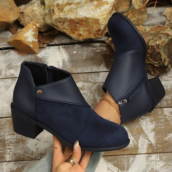 Caywon Women Ankle Boots Round Toe Low Block Heel Side Zipper Spliced Flock and PU Leather Metal Button Detail Casual Comfortable Booties Botas de Mujer
