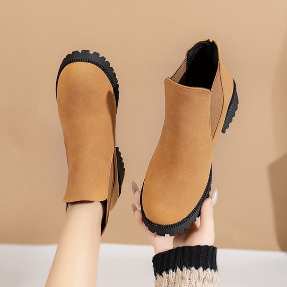 Caywon Women Ankle Boots Round Toe Slip On Chunky Heel Elastic Side Panel Sole PU Leather Chelsea Style Comfortable Height Increasing Booties Botas de Mujer