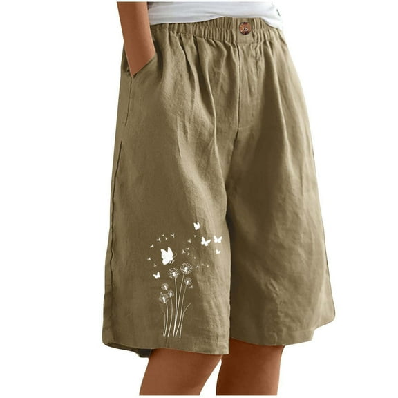 Caywon Women Casual Pants Printed Design Half Shorts Length Summer Season Elastic Waistband Buttons Feature Pockets Functionality Comfort Fit Breathable Fabric Loose