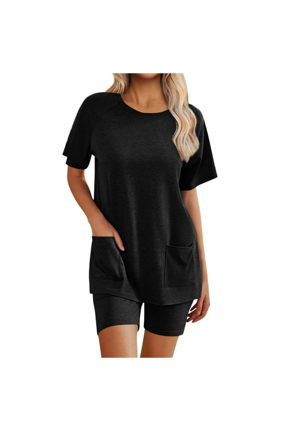 Women Casual Solid Color Short Sleeve Pocket Blouse and Shorts Set Round Neck Double Pocket Detail Comfortable Coordinates Black XL