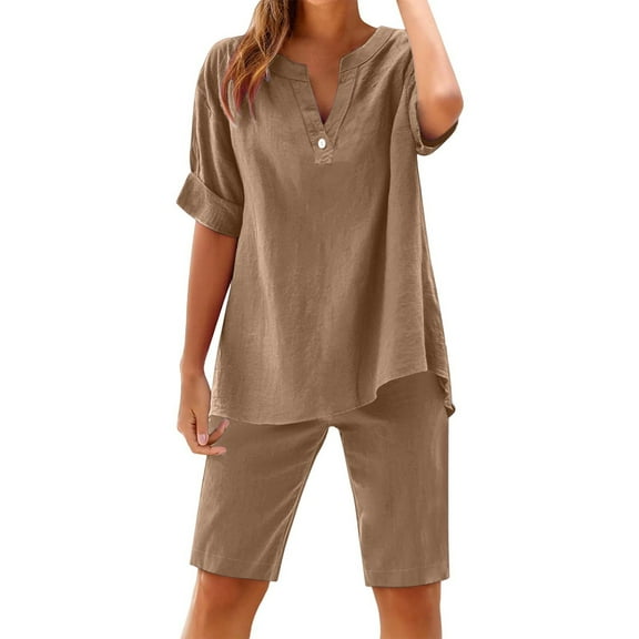 Caywon Women Cool Linen V Neck Top and Elastic Waist Shorts Two Piece Set Summer Casual Coordinates Comfortable Daywear Matching Coffee4# S