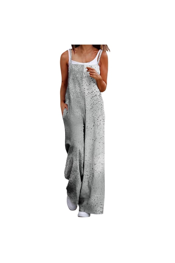 Women Fashion Casual Loose Fit Printed Pattern Pockets Sleeveless Back Strap Jumpsuit One Piece Romper Comfortable Lightweight Fabric Relaxed Gray XL
