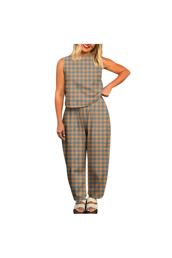 Women Fashion Lattice Print Round Neck Sleeveless Top and Pants Set Casual Unique Pattern Comfortable Daywear Orange XXL