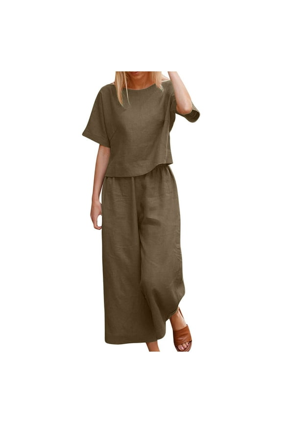 Women Fashion Round Neck Short Sleeve Top and Pants Casual Suit Set Comfortable Coordinates Daywear Relaxed Loose Outfit Matching Separates Army Green XXXXXL