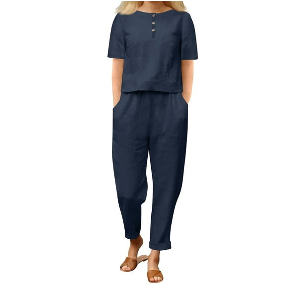 Caywon Women Fashion Round Neck Short Sleeve Top and Pants Casual Suit Set Comfortable Daywear Matching Outfit Navy M