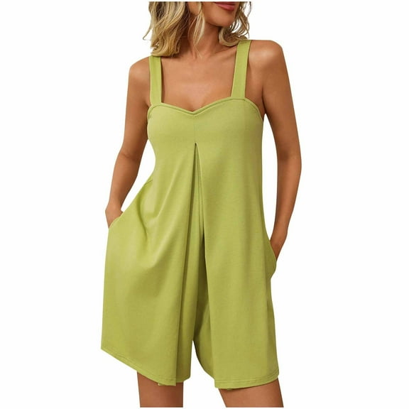 Caywon Women Fashion Solid Color V Neck Sleeveless Pockets Detail Short Jumpsuit One Piece Romper Comfortable Lightweight Fabric Flattering Neckline for Casual Style Green S