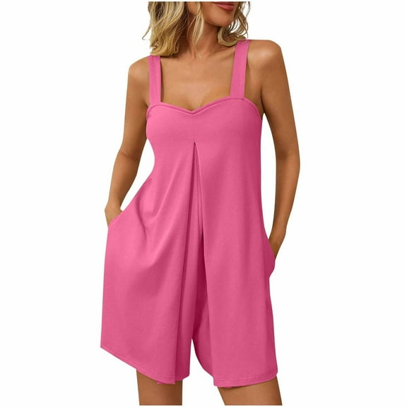 Caywon Women Fashion Solid Color V Neck Sleeveless Pockets Detail Short Jumpsuit One Piece Romper Comfortable Lightweight Fabric Flattering Neckline for Casual Style Hot Pink XL