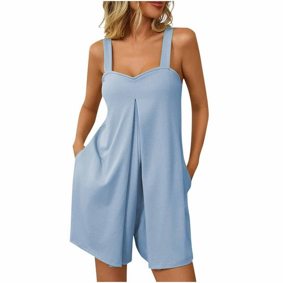 Caywon Women Fashion Solid Color V Neck Sleeveless Pockets Detail Short Jumpsuit One Piece Romper Comfortable Lightweight Fabric Flattering Neckline for Casual Style Light Blue XL