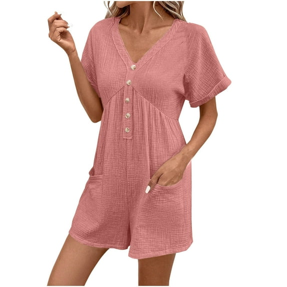 Caywon Women Fashion V Neck Solid Color Pocket Detail Button Front Fold Jumpsuit Shorts One Piece Romper Comfortable Lightweight Fabric Casual Style Pink XL