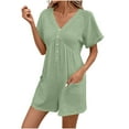 thumbnail image 1 of Caywon Women Fashion V Neck Solid Color Pocket Detail Button Front Fold Jumpsuit Shorts One Piece Romper Comfortable Lightweight Fabric Casual Style Green 2XL, 1 of 5