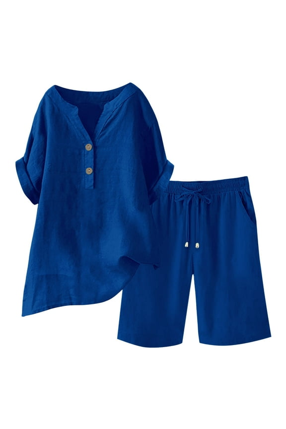 Women Linen Mix Short Sleeve Blouse and Casual Shorts Solid Color Set Loose Summer Coordinates Comfortable Daywear Outfit Blue3# XXXL