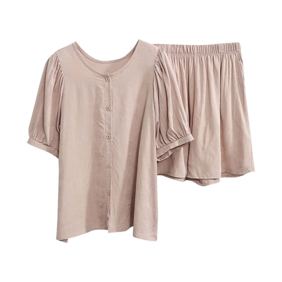 Caywon Women Loose Thin Knit Cardigan Short Sleeve Top and Shorts Two Piece Home Set Comfortable Home Wear Khaki XL