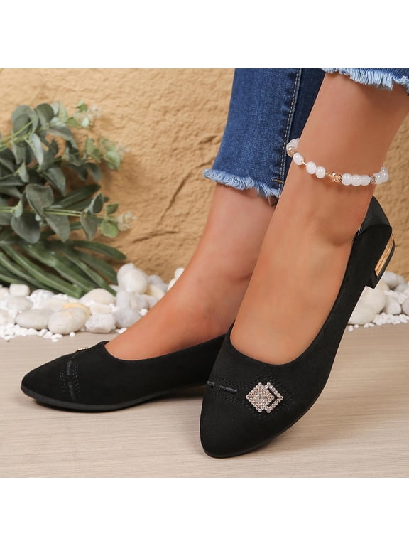 Women Low Heel Pumps, Embellished Pointed Toe, Rhinestone Buckle Block Heel Dressy, Comfortable Ladies Shoes Zapatos Mujer