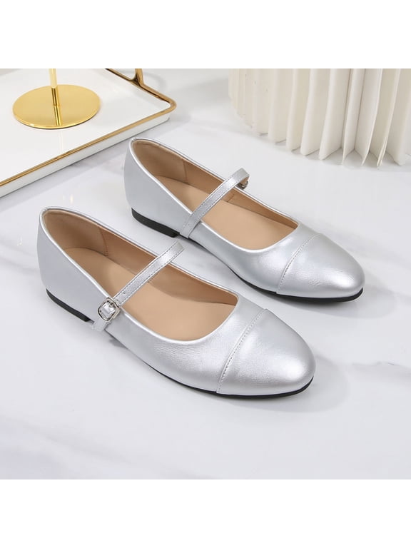Women Mary Jane Flat Shoes, Buckle Strap Round Toe Cap Toe Ballet Flats, Comfortable Casual Dress Slip On Loafers Zapatos Planos Mujer