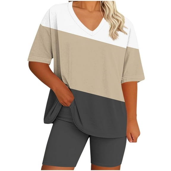 Caywon Women Plus Size Abstract Print V Neck Top and Pants Home Set Summer Coordinates Comfortable Loungewear Matching Khaki XXXL