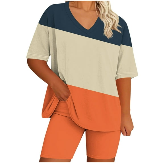 Caywon Women Plus Size Abstract Print V Neck Top and Pants Home Set Summer Coordinates Comfortable Loungewear Matching Orange XXXL