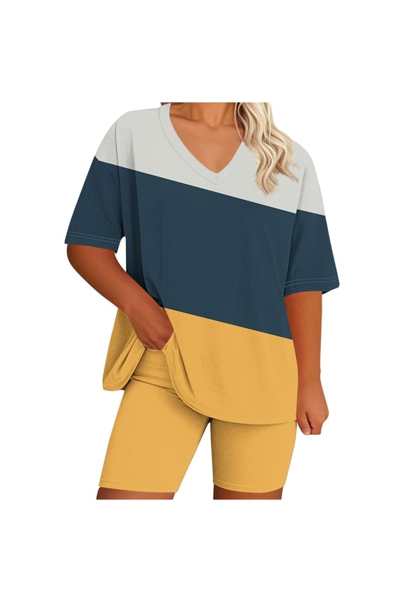 Women Plus Size Abstract Print V Neck Top and Pants Home Set Summer Coordinates Comfortable Loungewear Matching Yellow L