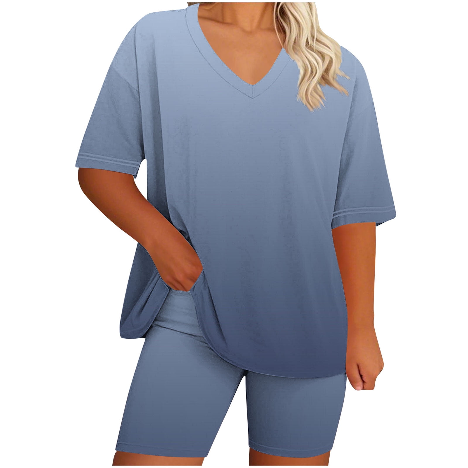 Pre-Order Blue Print Long Sleeve Top and Shorts Plus Size Lounge Outfit