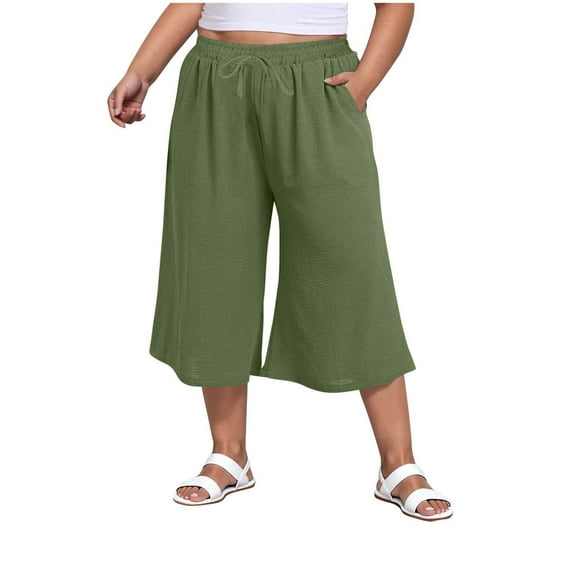 Caywon Women Plus Size Shorts Fashion Casual Solid Color Summer Three Quarter Length Drawstring Waist Pocket Functionality Comfort Fit Breathable Fabric Loose Everyday