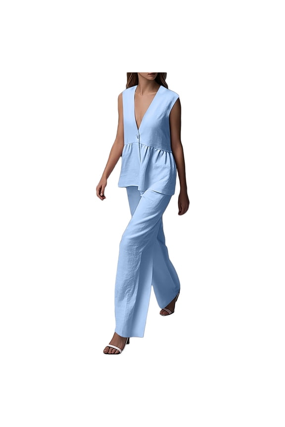 Women Round Neck Sleeveless Blouse and Loose Pocket Pants 2 Piece Fashion Set Casual Coordinates Comfortable Tunic Style Wide Leg Matching Blue XL