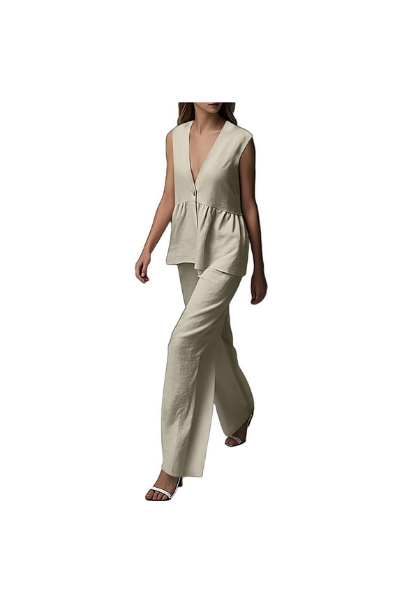 Women Round Neck Sleeveless Blouse and Loose Pocket Pants 2 Piece Fashion Set Casual Coordinates Comfortable Tunic Style Wide Leg Matching Khaki M