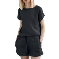 Caywon Women Short Sleeve Shirt and Short Pant Casual 2 Piece Set Pocket Detail Fashion Coordinates Comfortable Daywear Matching Outfit Separates Black M