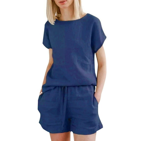 Caywon Women Short Sleeve Shirt and Short Pant Casual 2 Piece Set Pocket Detail Fashion Coordinates Comfortable Daywear Matching Outfit Separates Blue XXXXXL
