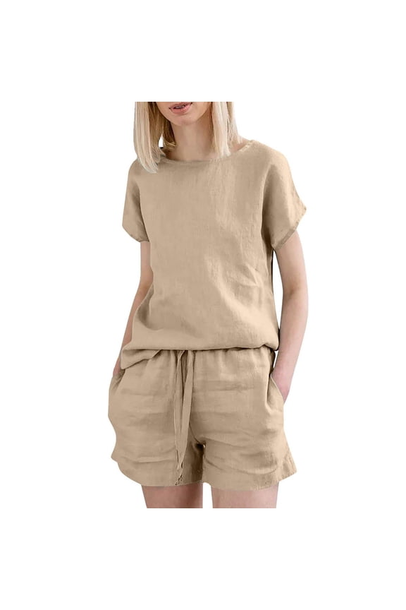 Women Short Sleeve Shirt and Short Pant Casual 2 Piece Set Pocket Detail Fashion Coordinates Comfortable Daywear Matching Outfit Separates Khaki M
