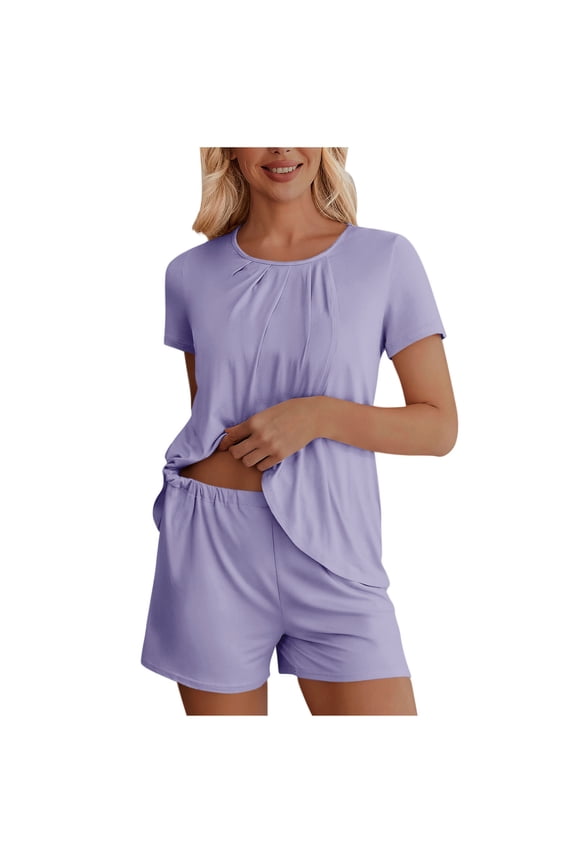 Women Short Sleeved Shirt and Pants Solid Color Casual Home Wear Pajama Set Soft Fabric Comfortable Loungewear Sleepwear Coordinates Relaxing Outfit Matching Set Purple XL