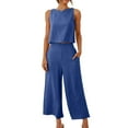 thumbnail image 1 of Caywon Women Sleeveless Round Neck Tunic Blouse and Flowy Pocket Pants 2 Piece Set Casual Coordinates Comfortable Wide Leg Trousers Outfit Blue L, 1 of 5
