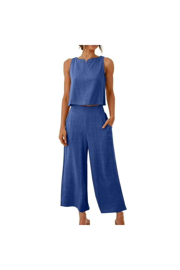 Women Sleeveless Round Neck Tunic Blouse and Flowy Pocket Pants 2 Piece Set Casual Coordinates Comfortable Wide Leg Trousers Outfit Blue L