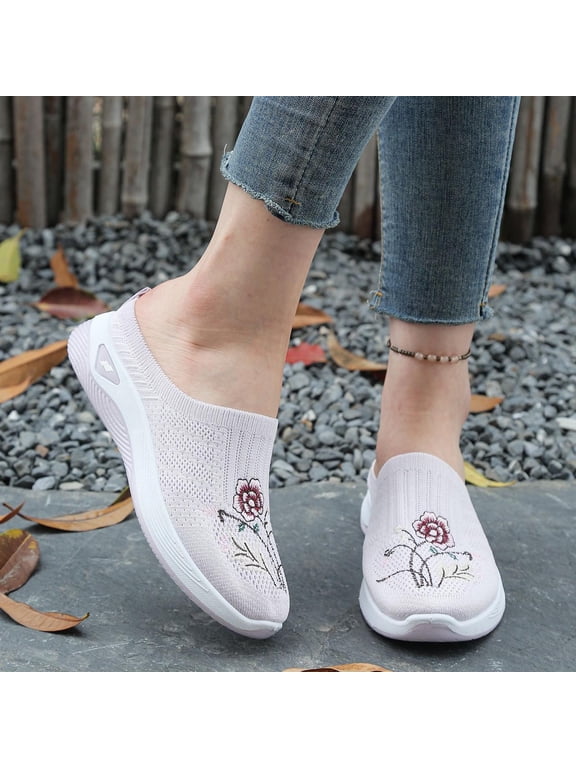 Women Slip On Sneakers, Floral Embroidery Mesh Shoes, Lightweight Casual Flat Loafers, Comfortable Ladies Walking Shoes Zapatillas Mujer