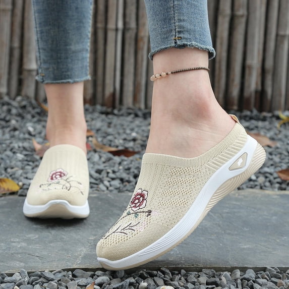 Caywon Women Slip On Sneakers, Floral Embroidery Mesh Shoes, Lightweight Casual Flat Loafers, Comfortable Ladies Walking Shoes Zapatillas Mujer