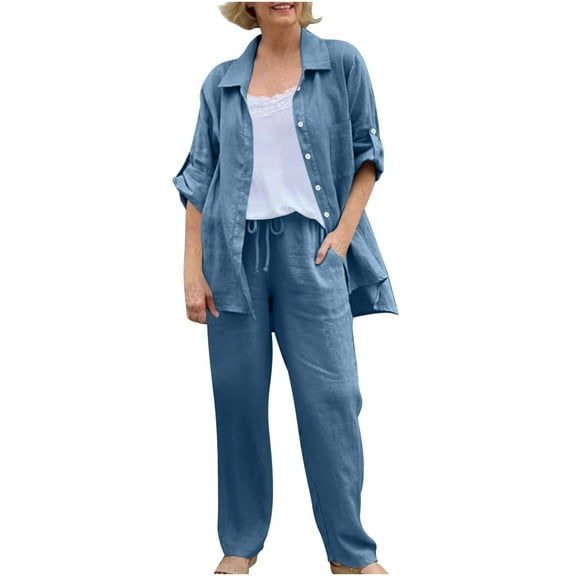 Caywon Women Solid Color Casual Loose Linen Shirt and Pants Set Breathable Summer Comfortable Matching Outfit Blue2# XXL