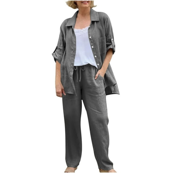 Caywon Women Solid Color Casual Loose Linen Shirt and Pants Set Breathable Summer Comfortable Matching Outfit Dark Gray2# L