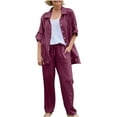 thumbnail image 1 of Caywon Women Solid Color Casual Loose Linen Shirt and Pants Set Breathable Summer Comfortable Matching Outfit Red2# S, 1 of 5