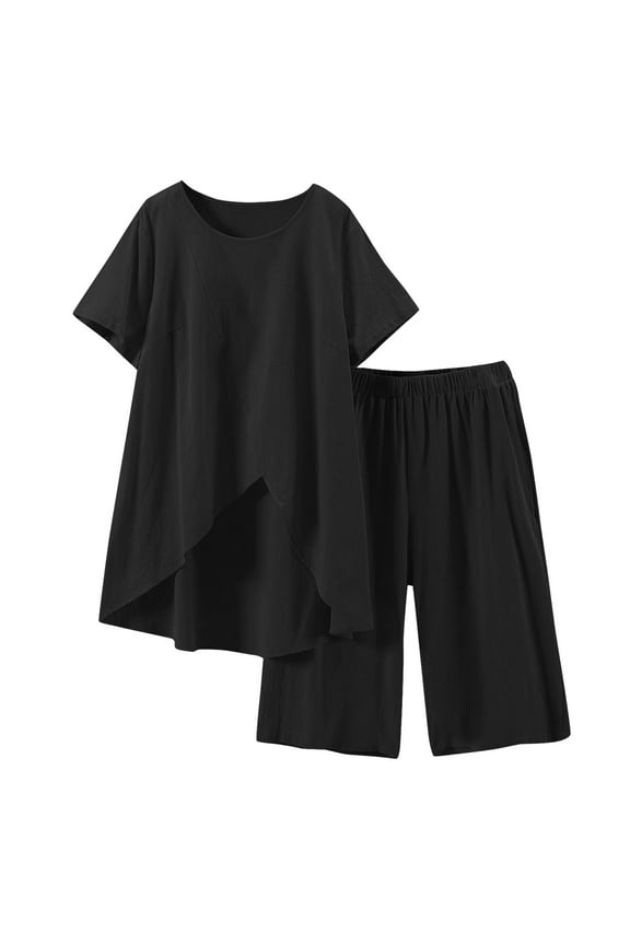 Women Solid Color Linen Cotton Round Neck Top and Split Five Part Pants Set Casual Coordinates Comfortable Loose Summer Outfit Matching Black XXL