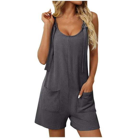 Caywon Women Solid Color Round Neck Sleeveless Pockets Detail Short Jumpsuit One Piece Romper Comfortable Lightweight Fabric Casual Everyday Wear for Warm Weather Dark Gray S