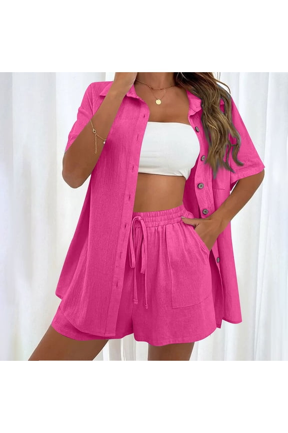 Women Solid Color Short Sleeve Button Down Top and Long Pants Set Turndown Collar Elastic Waist Pocket Detail Comfortable Coordinates Casual Outfit Hot Pink3# XXXL