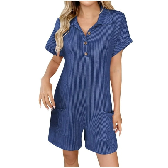 Caywon Women Solid Color Turn Down Collar Short Sleeve Button Front Pockets Detail Short Jumpsuit One Piece Romper Comfortable Lightweight Fabric Smart Casual Style Blue XL