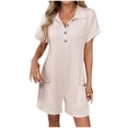 thumbnail image 1 of Caywon Women Solid Color Turn Down Collar Short Sleeve Button Front Pockets Detail Short Jumpsuit One Piece Romper Comfortable Lightweight Fabric Smart Casual Style Khaki S, 1 of 8