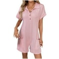 thumbnail image 1 of Caywon Women Solid Color Turn Down Collar Short Sleeve Button Front Pockets Detail Short Jumpsuit One Piece Romper Comfortable Lightweight Fabric Smart Casual Style Pink S, 1 of 9