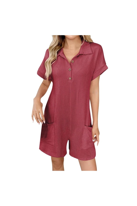 Women Solid Color Turn Down Collar Short Sleeve Button Front Pockets Detail Short Jumpsuit One Piece Romper Comfortable Lightweight Fabric Smart Casual Style Wine M