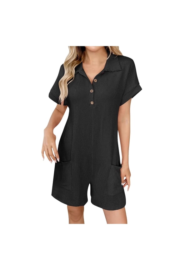 Women Solid Color Turn Down Collar Short Sleeve Button Front Pockets Detail Short Jumpsuit One Piece Romper Comfortable Lightweight Fabric Smart Casual Style Dark Gray S